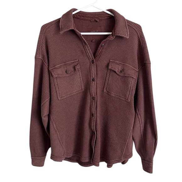 aerie Tops - Aerie Brown Lumberjane Waffle Knit Button Down Shirt Jacket Oversized Small